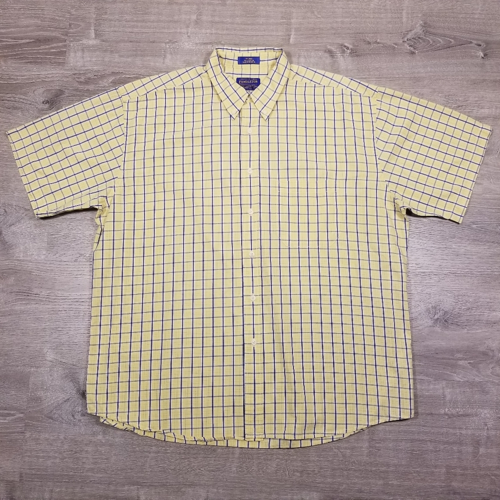 Pendleton Button Up Short Sleeve Shirt Mens Size XL Yellow Blue Check Cotton
